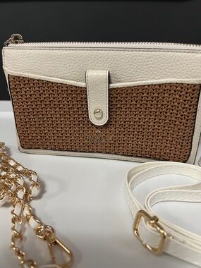 kate spade White and Brown Woven Crossbody Bag with Gold Chain